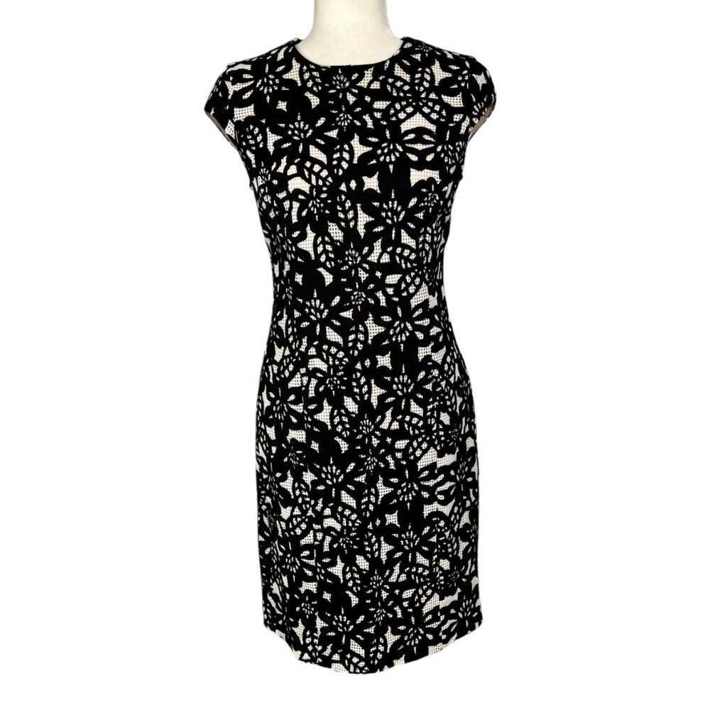 Worth Womens Black White Floral Print Sheath Dress Cap Sleeves size 2